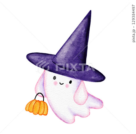 Hand drawn illustration of cute purple Halloween ghost in witch hat with trick or treat pink ectoplasm. Funny kids nursery holiday design in watercolor, creepy spooky print for children in lilac Hand drawn illustration of cute purple Halloween ghost in witch hat with trick or treat pink ectoplasm. Funny kids nursery holiday design in watercolor, creepy spooky print for children in lilac 129384497