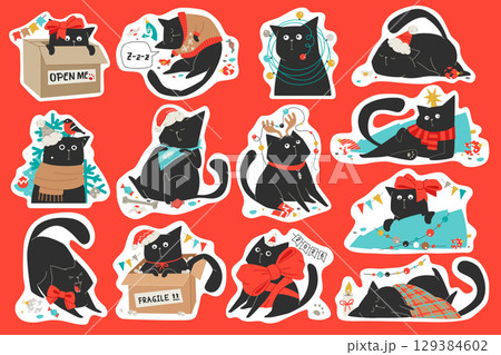 Black Christmas Cat Character Stickers Vector Illustration Set 129384602