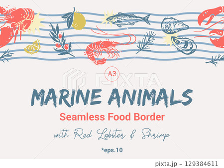 Marine Animals Repeated Borfer with Red Lobster and Shrimp. Trendy Coastal Seamless Pattern 129384611