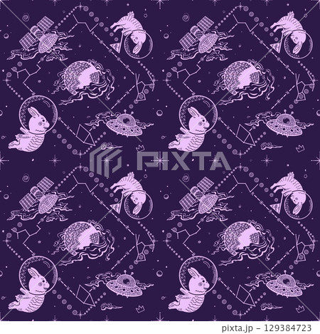 Seamless Minimal Line Art Space Pattern with Pink Purple Astronaut Rabbits, Moon, Smoke Clouds, Satellites, UFOs, and Constellations on Purple Background Seamless Minimal Line Art Space Pattern with Pink Purple Astronaut Rabbits, Moon, Smoke Clouds, Satellites, UFOs, and Constellations on Purple Background 129384723