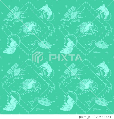 Seamless Minimal Line Art Space Pattern with Light Blue Astronaut Rabbits, Moon, Smoke Clouds, Satellites, UFOs, and Constellations on Mint Green Background Seamless Minimal Line Art Space Pattern with Light Blue Astronaut Rabbits, Moon, Smoke Clouds, Satellites, UFOs, and Constellations on Mint Green Background 129384724