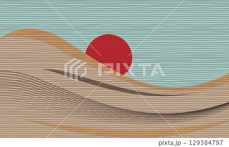 Mountain hill and texture background, Japanese landscape, line art, wavy, curve pattern abstract template, red sun wallpaper design. Vector illustration card, lines wall art decor in retro style 129384797