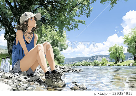川で涼む女の子のイラスト素材 129384913
