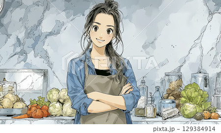 八百屋で野菜を販売する女性のイラスト素材 129384914