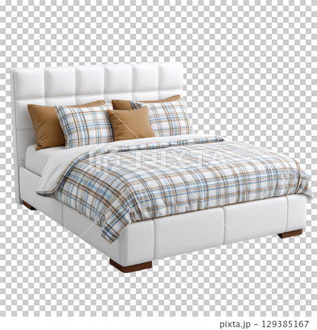 Modern White Bed with Stylish Checkered Bedding and Soft Pillows, Perfect for Bedroom Interior Design Modern White Bed with Stylish Checkered Bedding and Soft Pillows, Perfect for Bedroom Interior Design 129385167