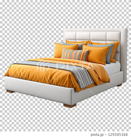 Modern White Bed with Orange and Blue Decorative Pillows in Cozy Bedroom Setting 129385168