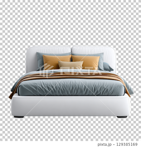 Modern Cozy Bed with Decorative Cushions and Soft Bedding in Neutral Tones for Comfortable Bedroom Atmosphere 129385169