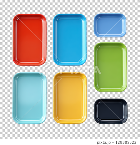 Colorful Plastic Food Containers in Various Sizes and Shapes on White Background for Kitchen Storage and Organization 129385322