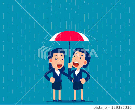Assistance. Leader cover from rain with partner show help 129385336
