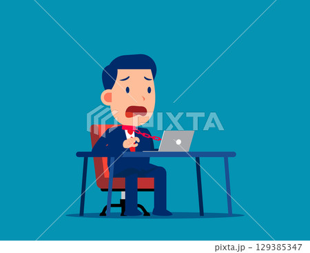 Control. Business employee tied with chain to computer in office 129385347