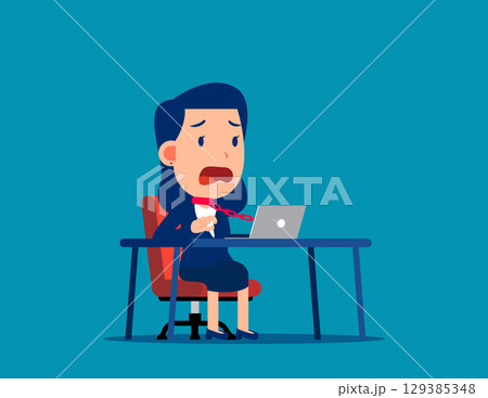 Control. Business employee tied with chain to computer in office 129385348