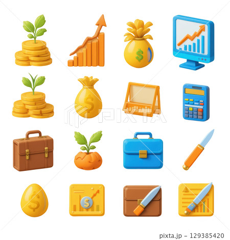 Colorful Collection of Financial Icons with Growth Symbols, Money Bags, and Business Tools for Financial Themes Colorful Collection of Financial Icons with Growth Symbols, Money Bags, and Business Tools for Financial Themes 129385420