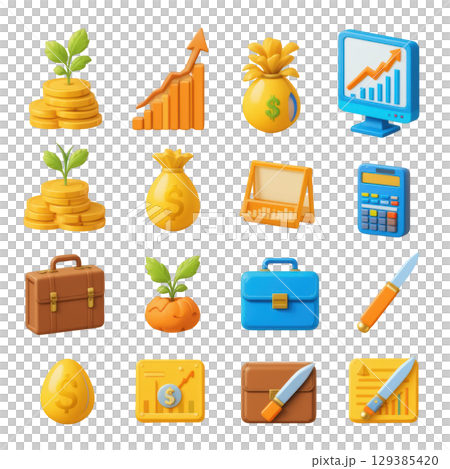 Colorful Collection of Financial Icons with Growth Symbols, Money Bags, and Business Tools for Financial Themes Colorful Collection of Financial Icons with Growth Symbols, Money Bags, and Business Tools for Financial Themes 129385420
