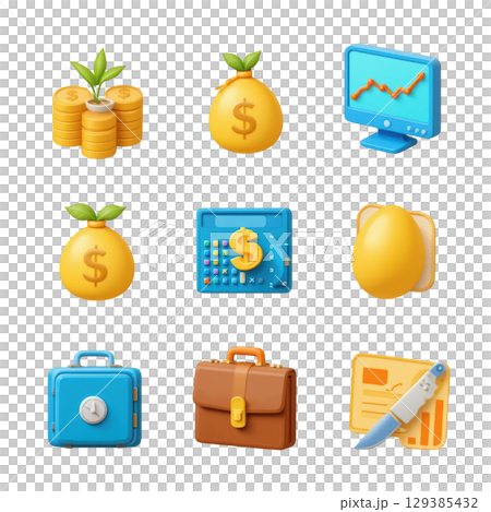 Collection of Financial Icons Featuring Money, Investments, and Business Tools for Financial Illustrations 129385432