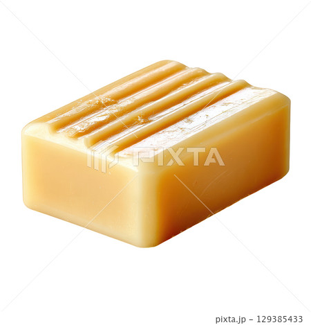 Close-Up of a Smooth, Creamy Bar Soap with a Subtle Yellow Hue and Textured Surface Ideal for Spa and Bath Settings 129385433