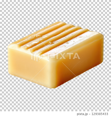 Close-Up of a Smooth, Creamy Bar Soap with a Subtle Yellow Hue and Textured Surface Ideal for Spa and Bath Settings 129385433