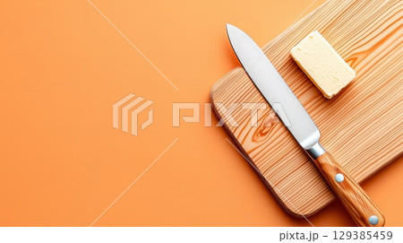 Fresh Butter on Wooden Cutting Board with Knife Against Orange Background 129385459