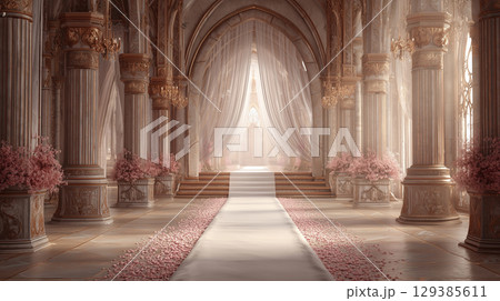 ピンクの花と金の装飾が映える荘厳な回廊 ピンクの花と金の装飾が映える荘厳な回廊 129385611