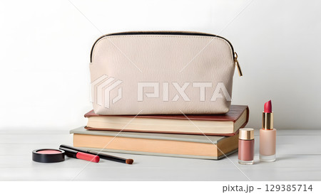 Makeup bag and cosmetics arranged on books in a stylish setting 129385714