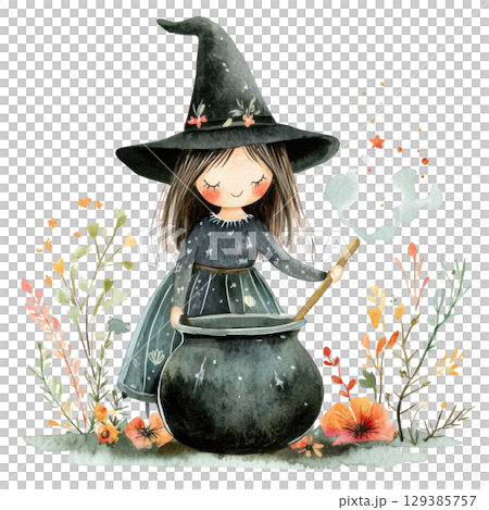 Cute Witch Brewing Potion with transparent background 129385757