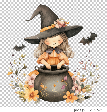 Cute Halloween Witch Illustration with transparent background 129385759