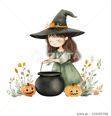 Cute Witch Stirring a Cauldron with transparent background Cute Witch Stirring a Cauldron with transparent background 129385766