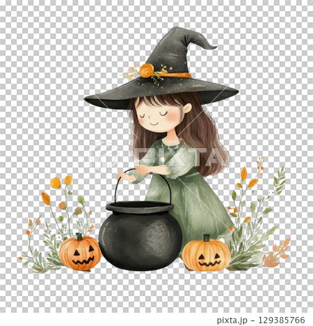 Cute Witch Stirring a Cauldron with transparent background 129385766