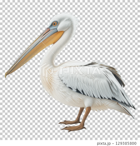 Elegant Pelican Standing Proudly with Long Bill and Soft White Feathers in a Natural Setting 129385800