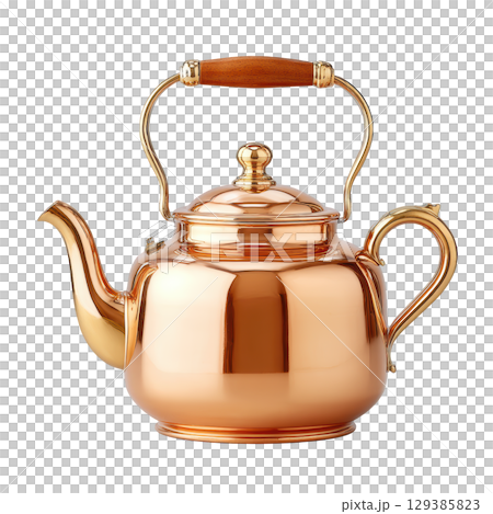 Elegant Copper Teapot with Wooden Handle, Classic Kitchenware for Tea Lover's Collection, Vintage Style and Design 129385823