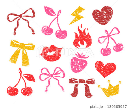 Bow and cherry hand drawn whimsy prints with crayon texture 129385937