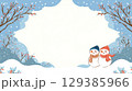 冬の木々と雪だるまのイラスト背景 129385966