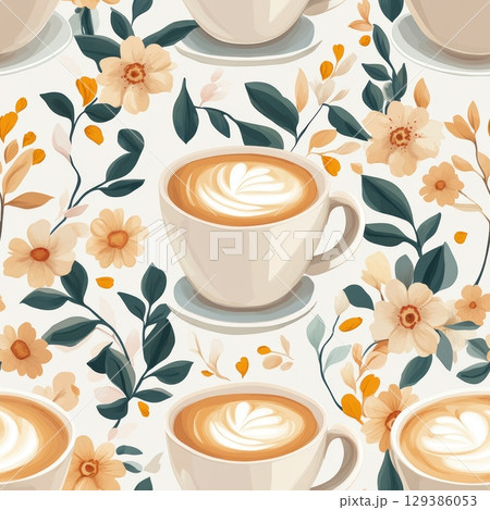 A cozy, floral pattern featuring cups of coffee with latte art, surrounded by delicate flowers and 129386053