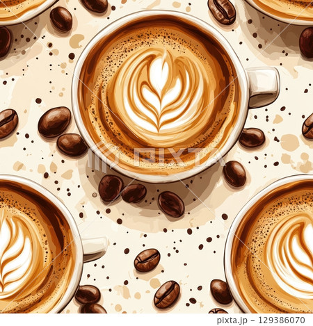 A vibrant pattern featuring cups of latte art surrounded by coffee beans, creating a warm and 129386070