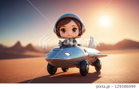 夕焼けの中、飛行機で空を見上げる女の子 129386099