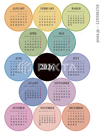 2026年の年間カレンダー 月曜始まり日本の祝日表記は無し 129386158