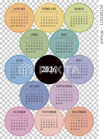 2026年の年間カレンダー 月曜始まり日本の祝日表記は無し 129386158