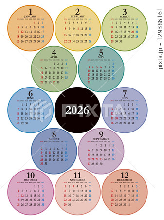 2026年の年間カレンダー 日曜始まり 129386161