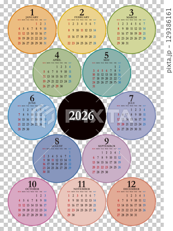 2026年の年間カレンダー 日曜始まり 129386161