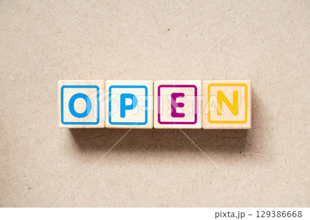 Alphabet letter block in word open on wood background 129386668