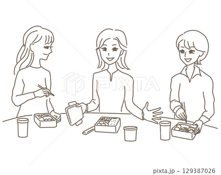 職場の昼休みに女性社員がお弁当タイムを楽しんでいる線画イラスト 129387026