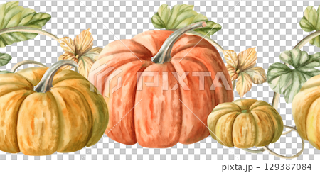 Seamless border with ripe pumpkins. Isolated watercolor illustration for interior design, Harvest Festival decoration, printing on kitchen textiles, seasonal menu design. 129387084