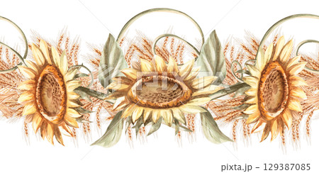 Seamless border with sunflower flowers and wheat ears. Isolated watercolor illustration for interior design, Harvest Festival decoration, printing on kitchen textiles, seasonal menu design. Seamless border with sunflower flowers and wheat ears. Isolated watercolor illustration for interior design, Harvest Festival decoration, printing on kitchen textiles, seasonal menu design. 129387085