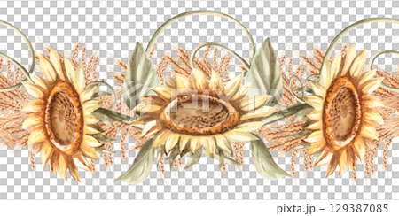 Seamless border with sunflower flowers and wheat ears. Isolated watercolor illustration for interior design, Harvest Festival decoration, printing on kitchen textiles, seasonal menu design. 129387085