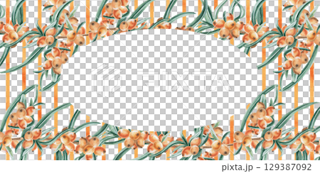 Rectangular frame with oval cutout with sea buckthorn branches. Isolated watercolor illustration on the theme of warming tea for the design of seasonal menu, signs, postcards. 129387092