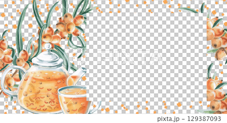 Rectangular frame with sea buckthorn branches, teapot and cup on splash background. Isolated watercolor illustration on warming tea theme for seasonal menu design, signs, postcards. Rectangular frame with sea buckthorn branches, teapot and cup on splash background. Isolated watercolor illustration on warming tea theme for seasonal menu design, signs, postcards. 129387093
