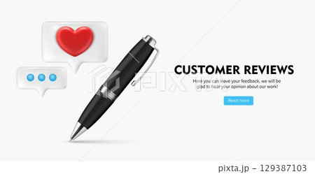 Customer Reviews Banner with Pen and Icons 129387103