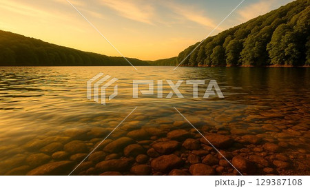 水辺から望む夕日色に染まる湖畔と森の風景 129387108