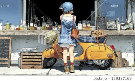 スクーターで買い物に来た女性 129387169