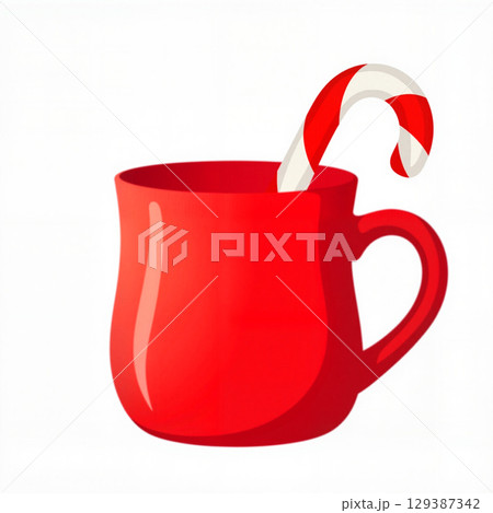 Red ceramic mug with candy cane on white background, festive cheer 129387342