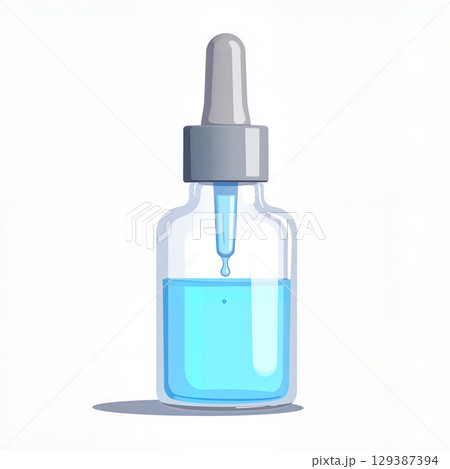 Clear serum dropper holding vibrant blue liquid against white background, purity 129387394